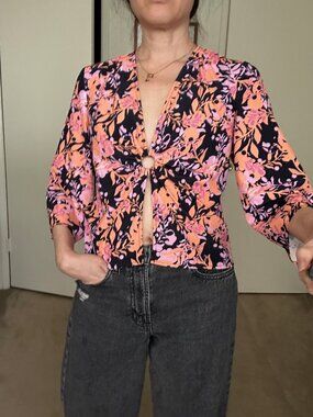 Wray Libra Crop Top Floral Night Garden Black Pink Orange XS